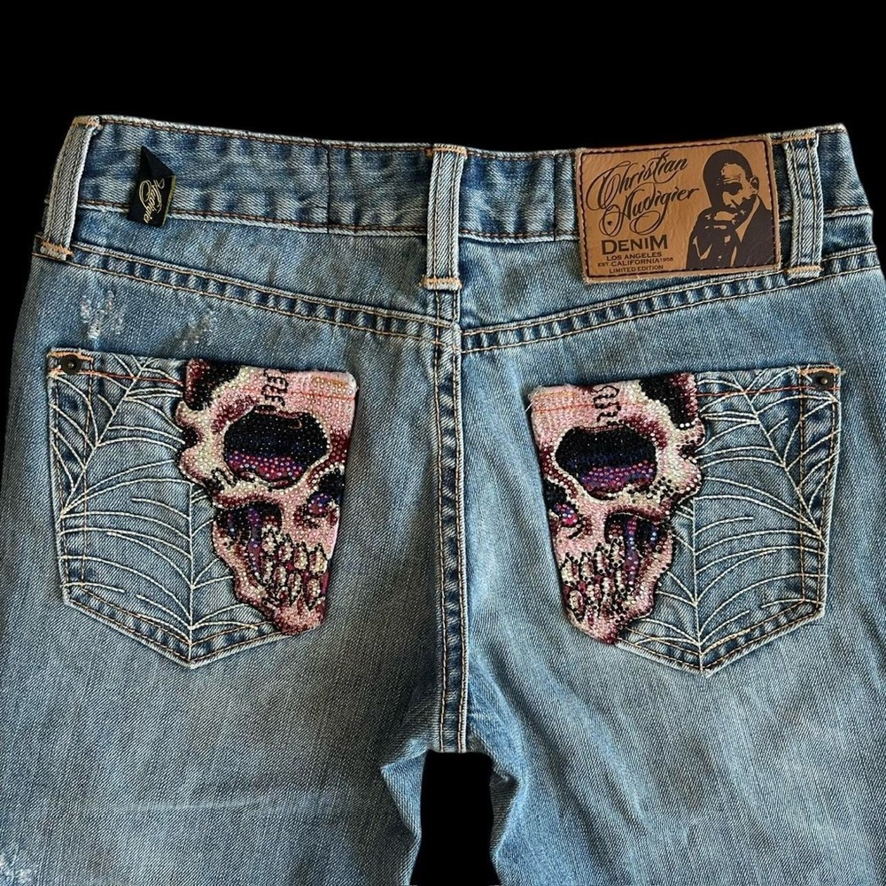 Christian Audigier Glamourous Rhinestone Jeans with Pink authentic 100%